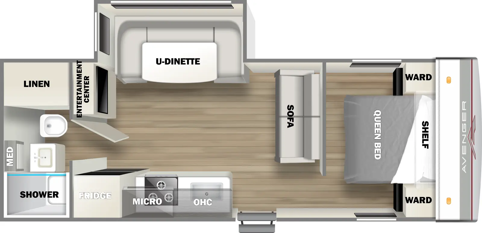 The 21RBSLE has one slideout and one entry. Interior layout front to back: foot facing queen bed with shelf above and wardrobes on each side; sofa along inner wall; off-door side slideout with u-dinette; door side entry, kitchen counter with sink, overhead cabinet, microwave, cooktop, and refrigerator; entertainment center along inner wall opposite sofa; rear full bathroom with medicine cabinet and linen closet.